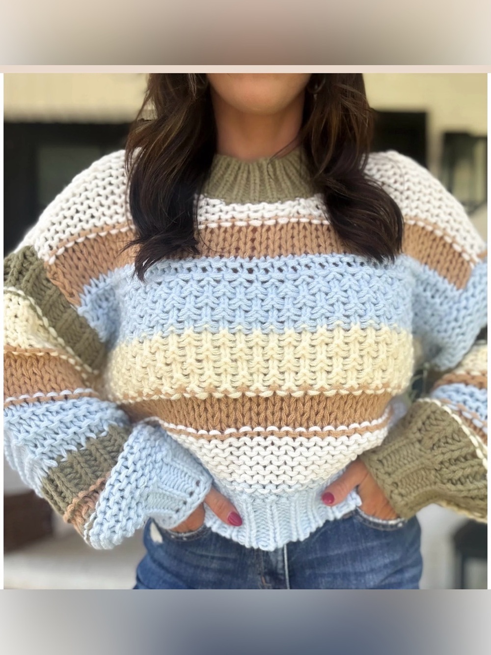 BiBi Striped Chunky Knit Sweater in Cream, Light Blue, Tan & Olive